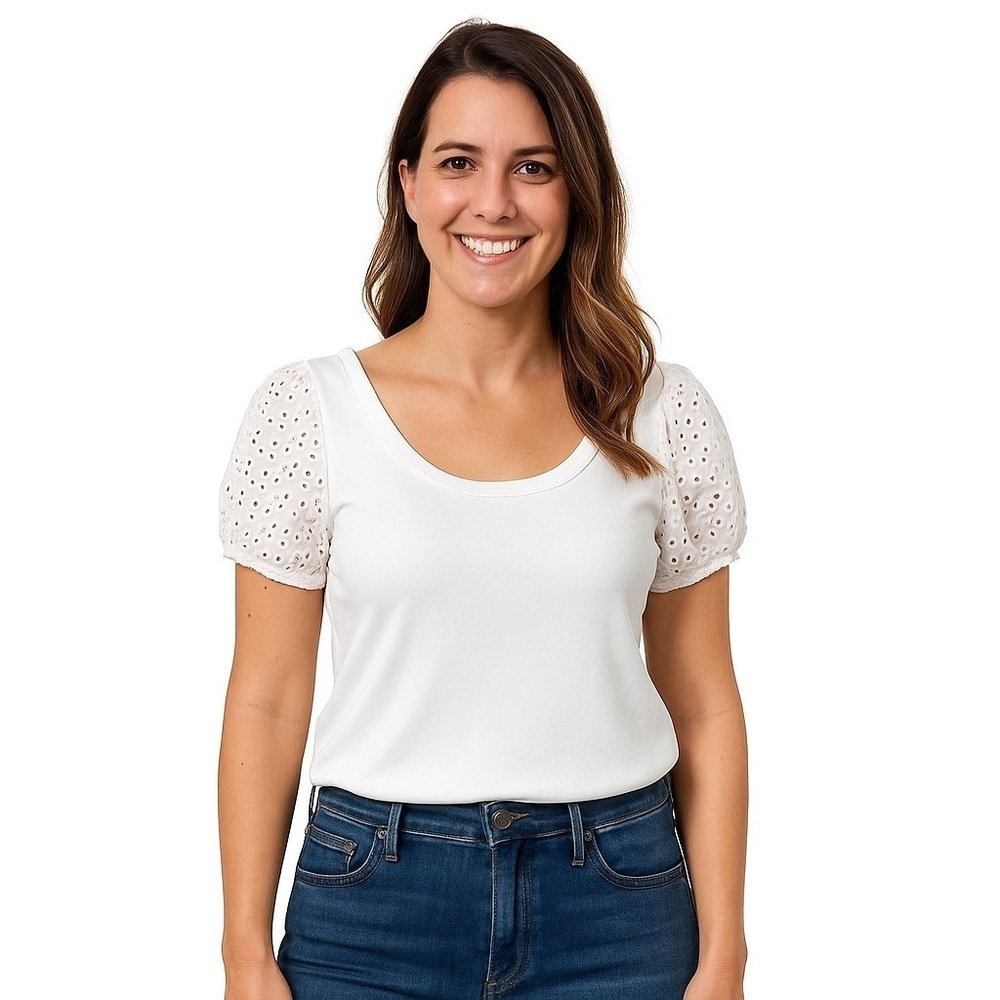 No Comment Ribbed Eyelet Puff Sleeve Crop Top White Size M